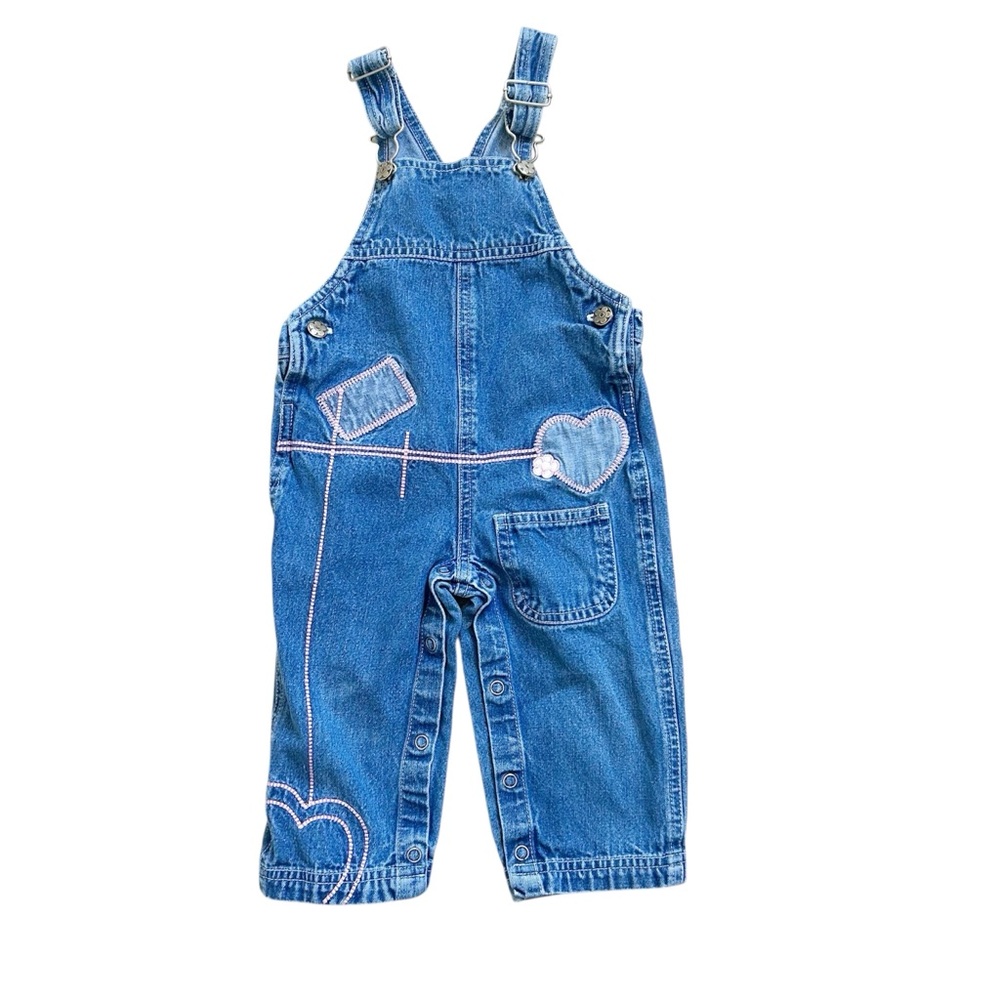 Vintage Blue Denim Kids Overalls with Pink Accents 18 months Cotton Patch pocket